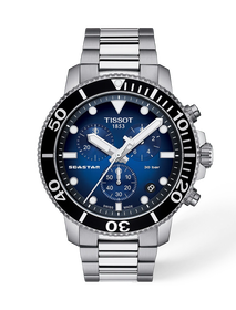 Front view of the watch Tissot Seastar 1000 45.5mm with shadow