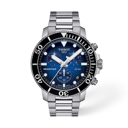 Front view of the watch Tissot Seastar 1000 45.5mm with shadow