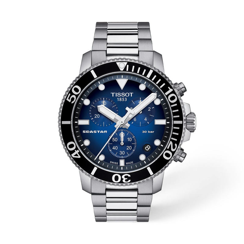 มุมมองด้านหน้าของนาฬิกา Tissot Seastar 1000 45.5mm พร้อมเงา