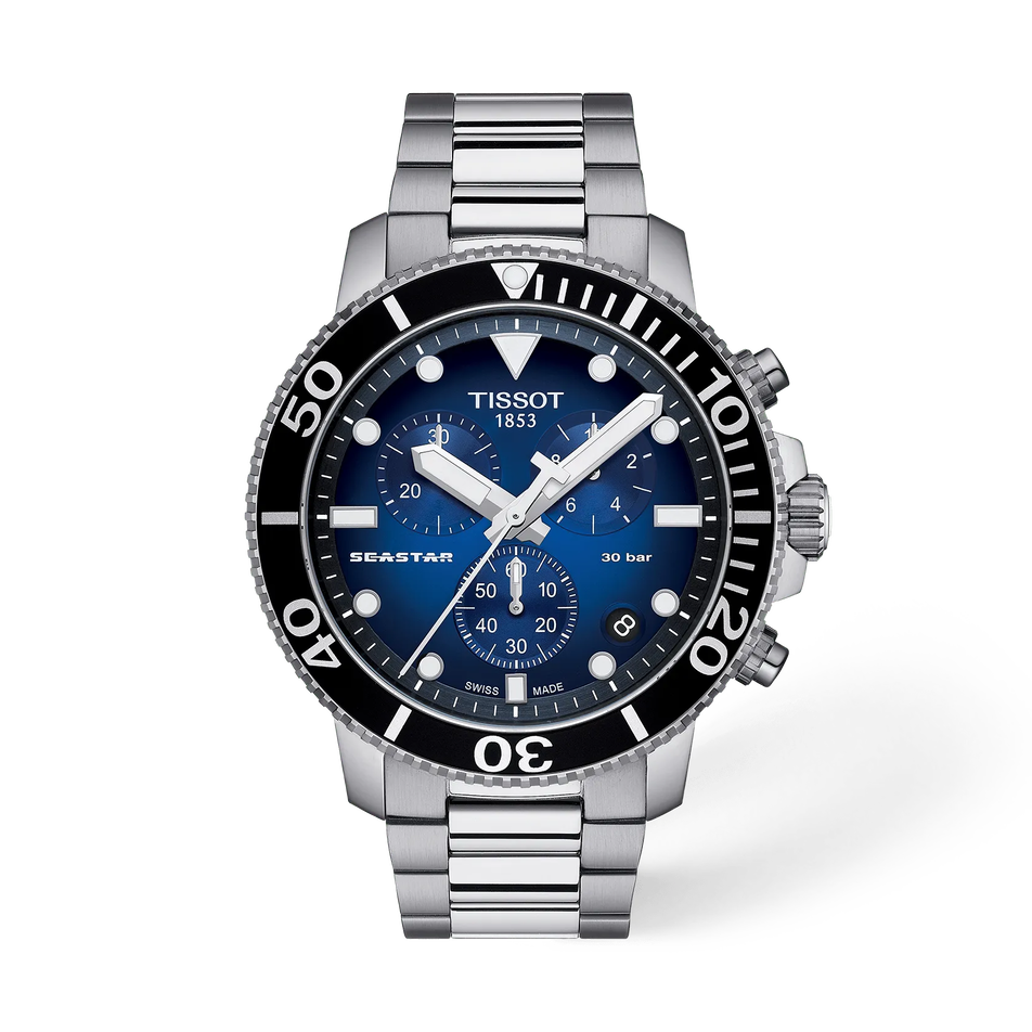 Front view of the watch Tissot Seastar 1000 45.5mm with shadow
