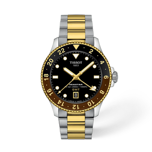 Front view of the watch Tissot Seastar 1000 GMT 40mm with shadow