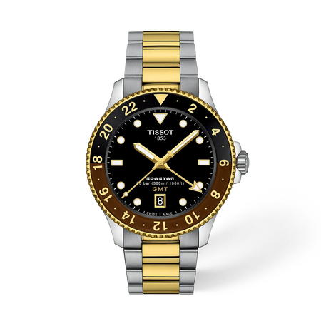Front view of the watch Tissot Seastar 1000 GMT 40mm with shadow