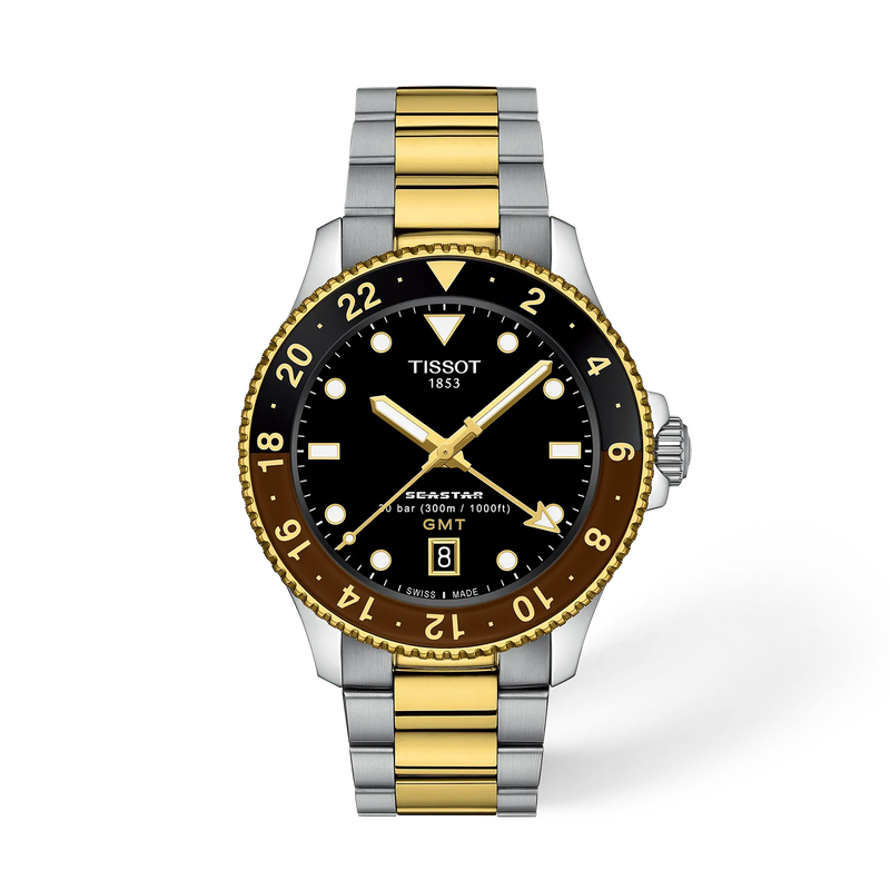 Front view of the watch Tissot Seastar 1000 GMT 40mm with shadow