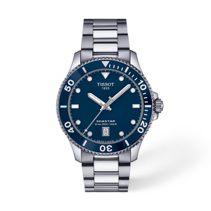 Front view of the watch Tissot Seastar 1000 40mm with shadow