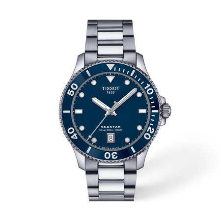 Front view of the watch Tissot Seastar 1000 40mm with shadow