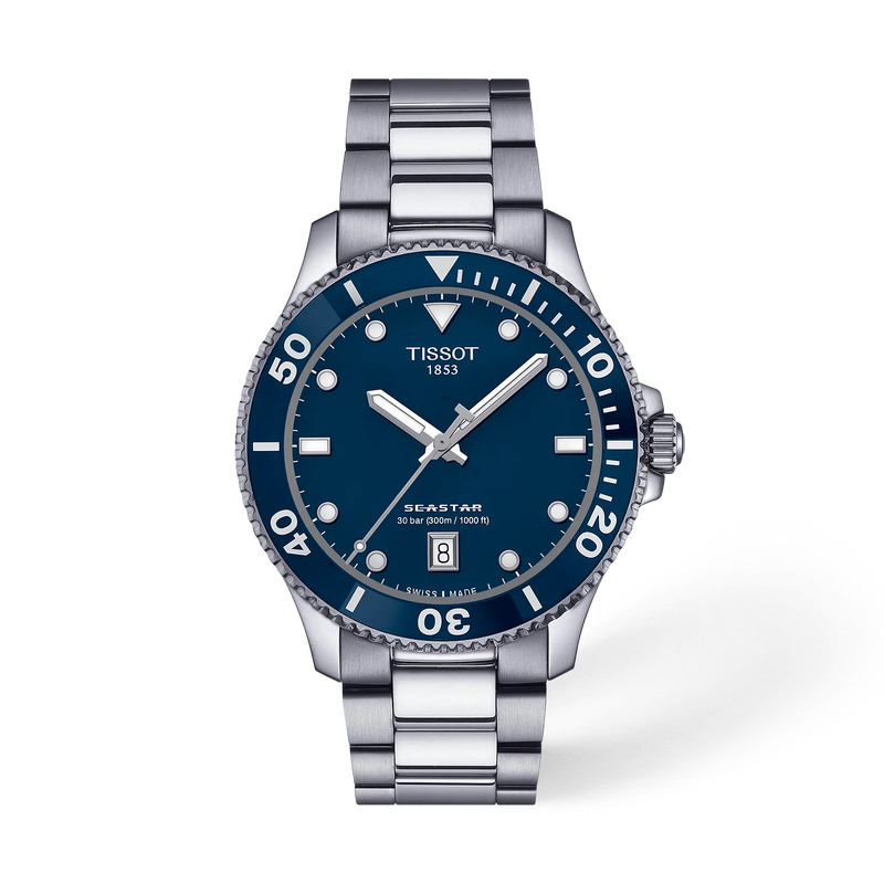 Front view of the watch Tissot Seastar 1000 40mm with shadow