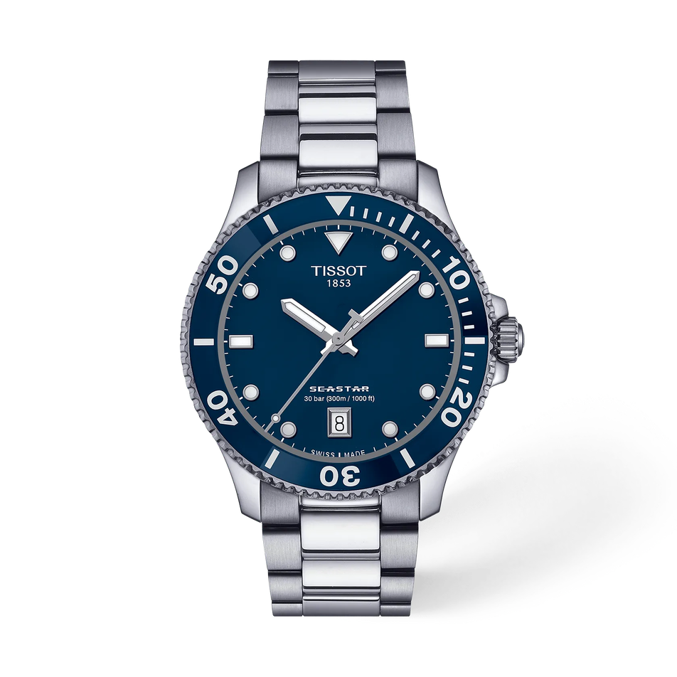 Front view of the watch Tissot Seastar 1000 40mm with shadow