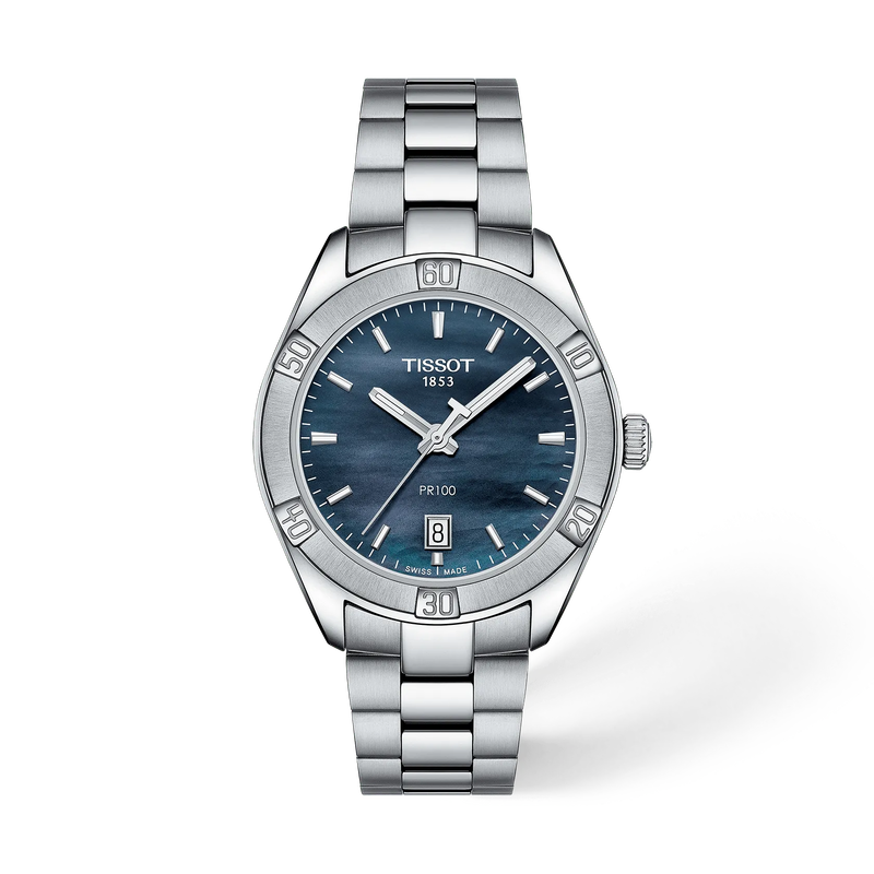 Vue de face de la montre Tissot PR 100 Sport Chic 36mm avec ombre