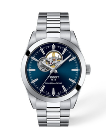 Front view of the watch Tissot Gentleman Open Heart 40mm with shadow