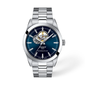 Front view of the watch Tissot Gentleman Open Heart 40mm with shadow