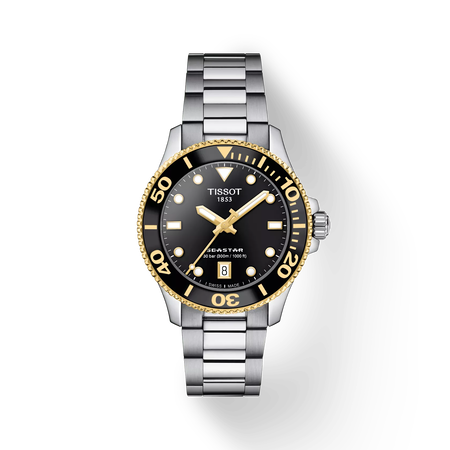 Front view of the watch Tissot Seastar 1000 36mm with shadow