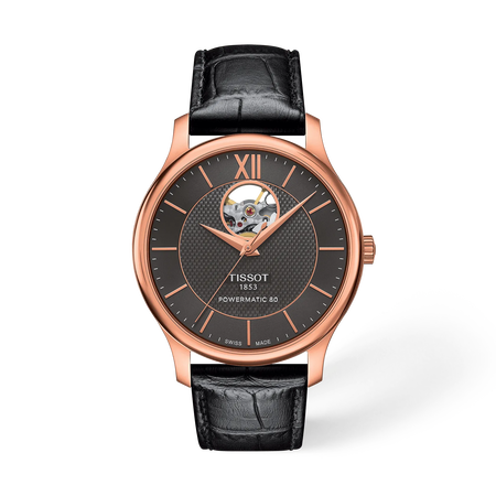 Vista frontal del reloj Tissot Tradition Open Heart 40mm con sombra