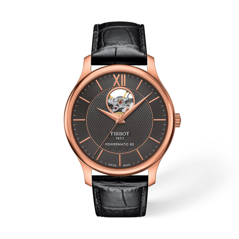 Vista frontal del reloj Tissot Tradition Open Heart 40mm con sombra