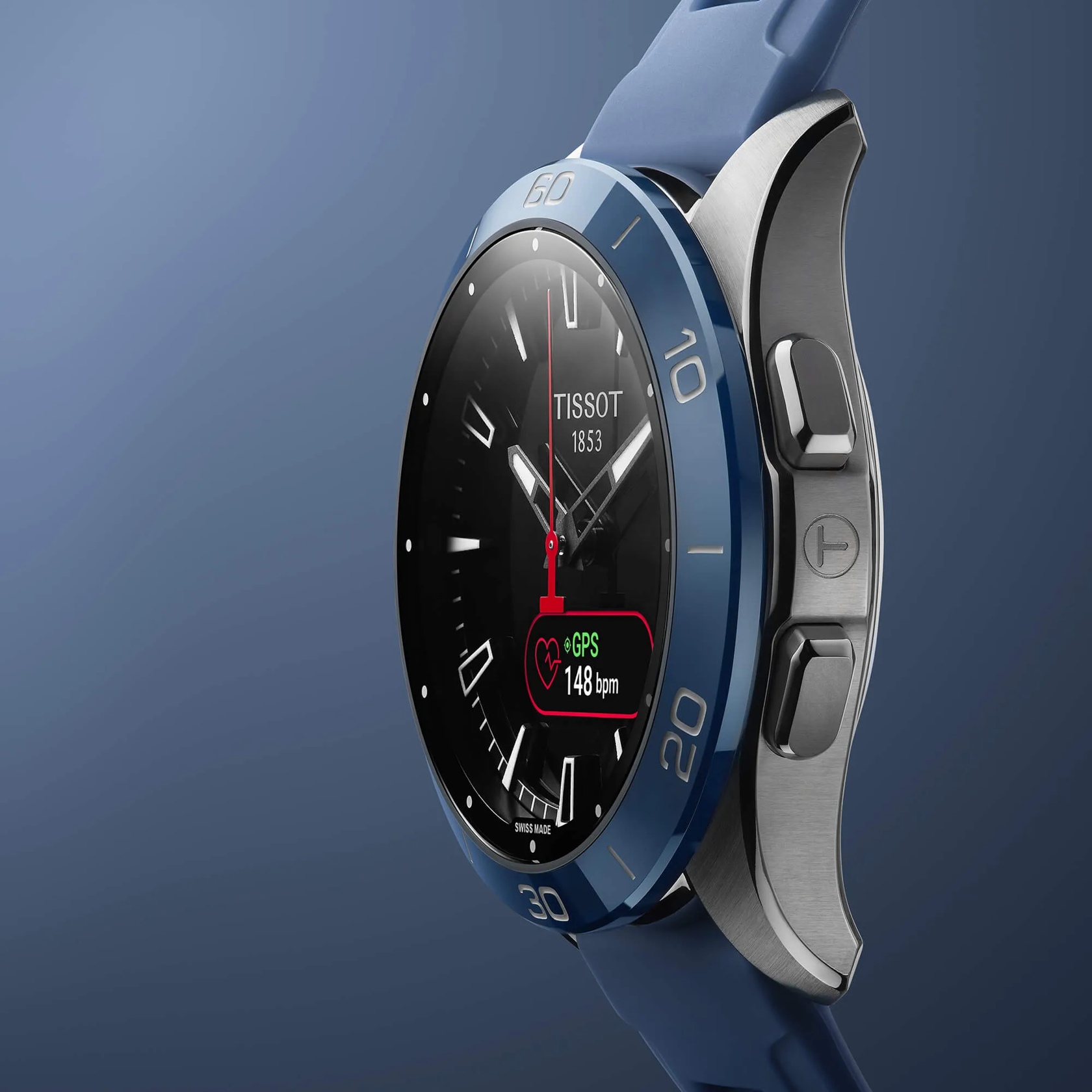 Tissot T-Touch Connect Sport 43.75mm Uhr vor einem farbigen Hintergrund