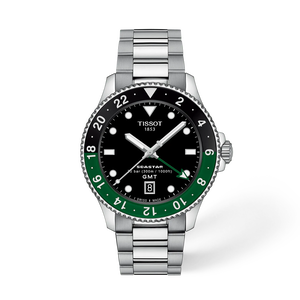 Front view of the watch Tissot Seastar 1000 GMT 40mm with shadow