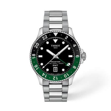 Front view of the watch Tissot Seastar 1000 GMT 40mm with shadow