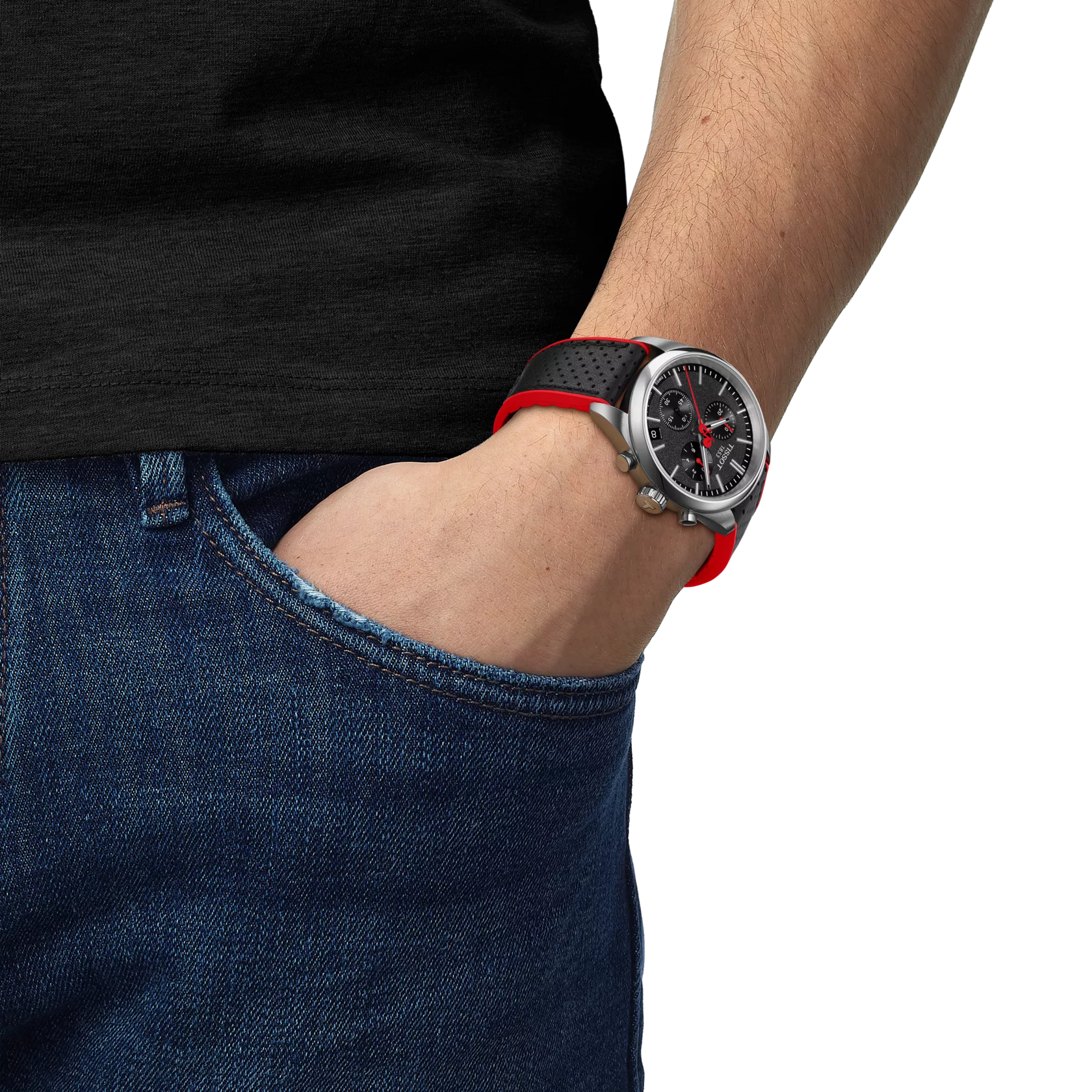 손목에 착용한 티쏘 PR 100 뷰엘타 시계 시뮬레이션