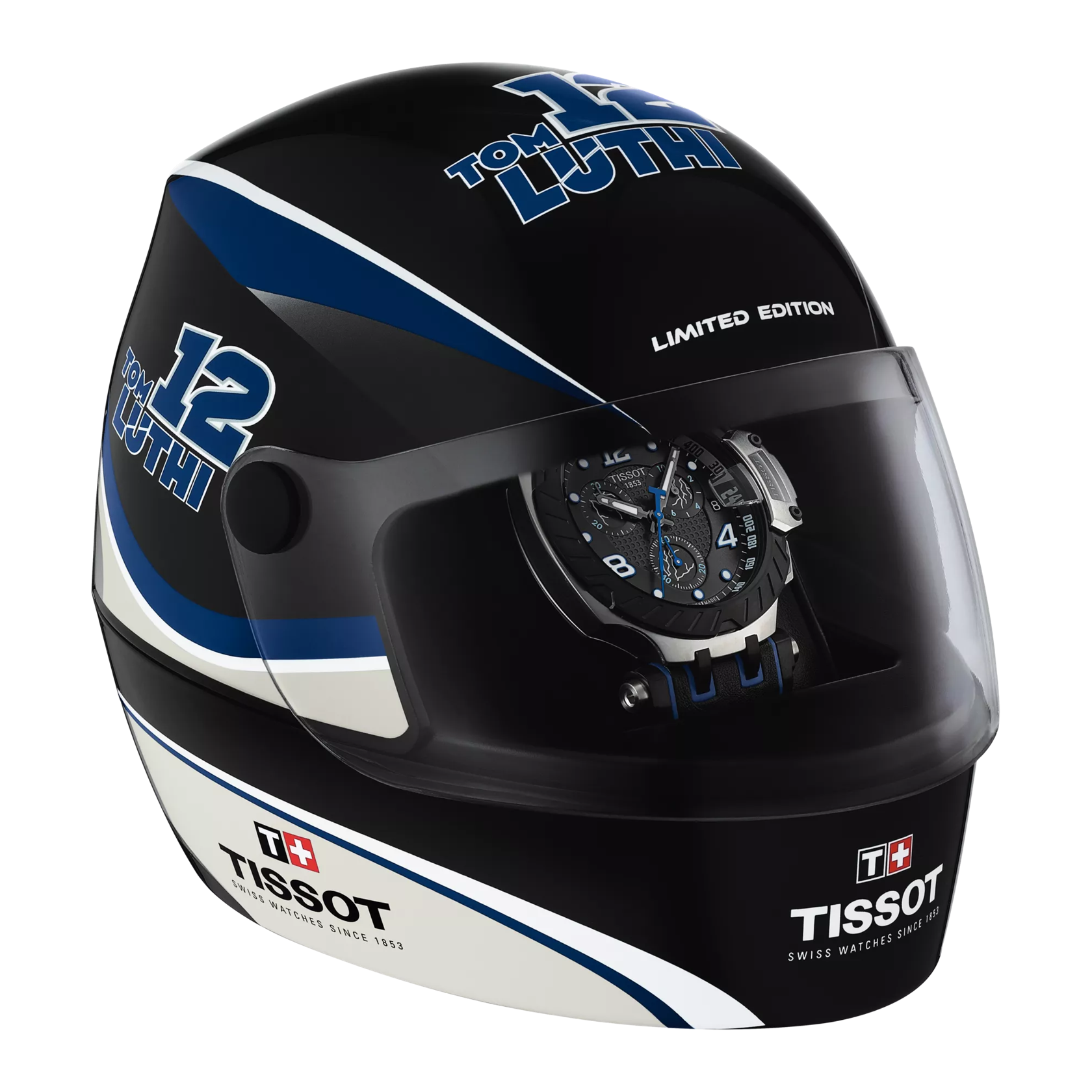 Front view of the watch Tissot T-Race Chronograph Thomas Lüthi Limited Edition with opened