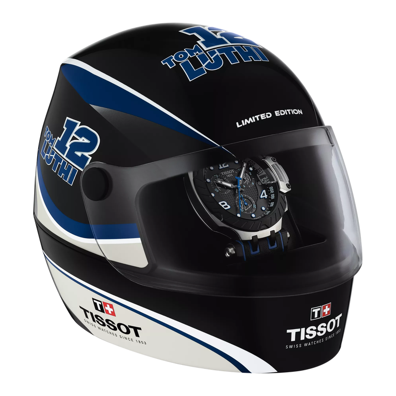 Front view of the watch Tissot T-Race Chronograph Thomas Lüthi Limited Edition with opened