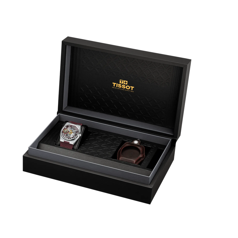 Front view of the watch Tissot PRX Skeleton Damian Lillard Special Edition with opened