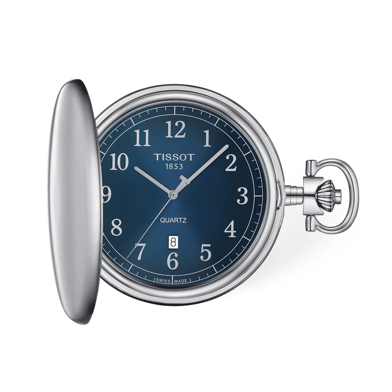 Front view of the watch Tissot Savonnette 48.5mm with shadow