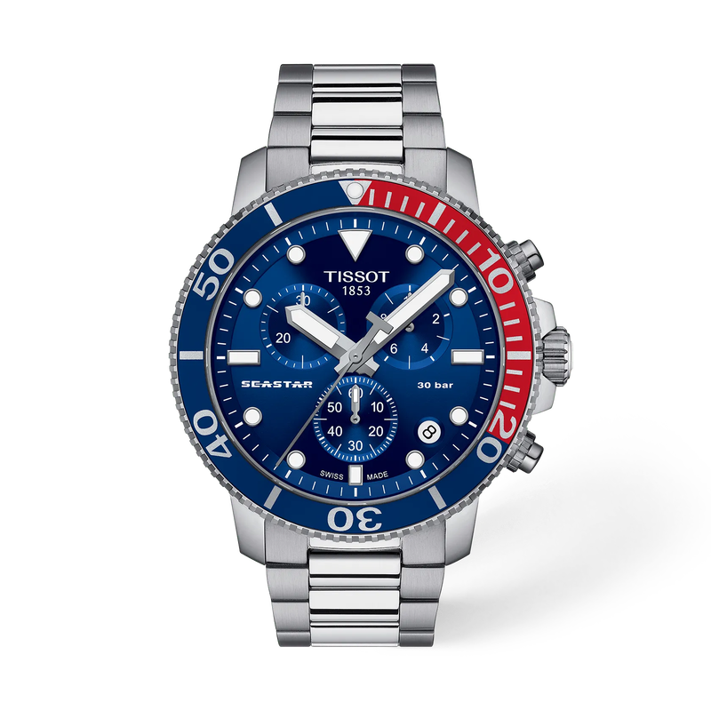 Vue de face de la montre Tissot Seastar 1000 45.5mm avec ombre