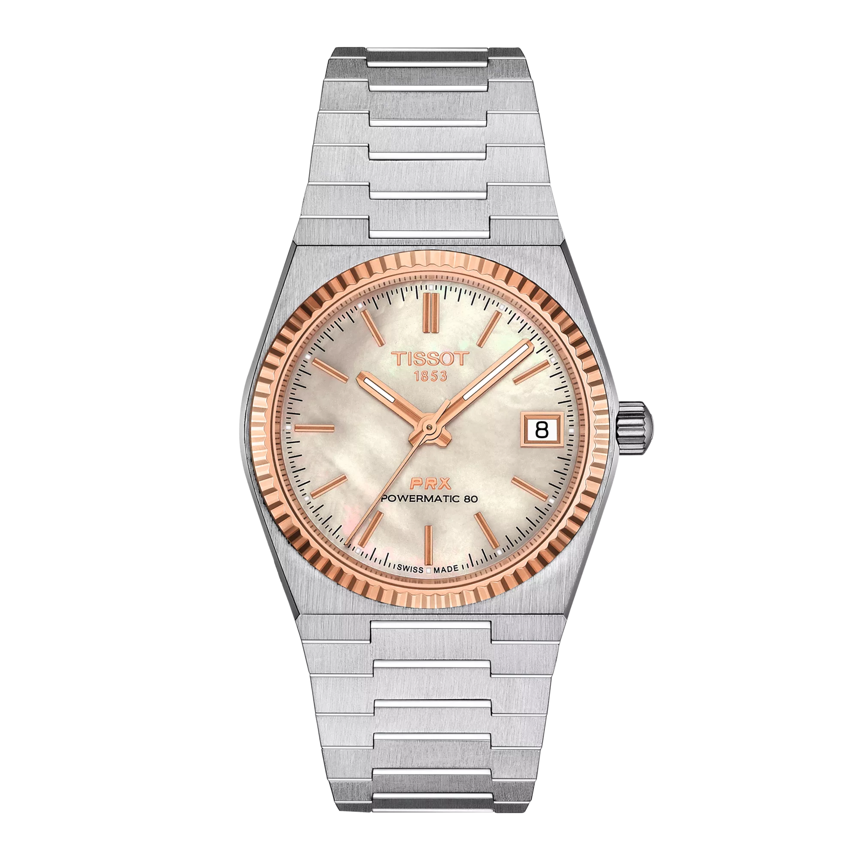 Front view of the watch Tissot PRX Gold 35mm