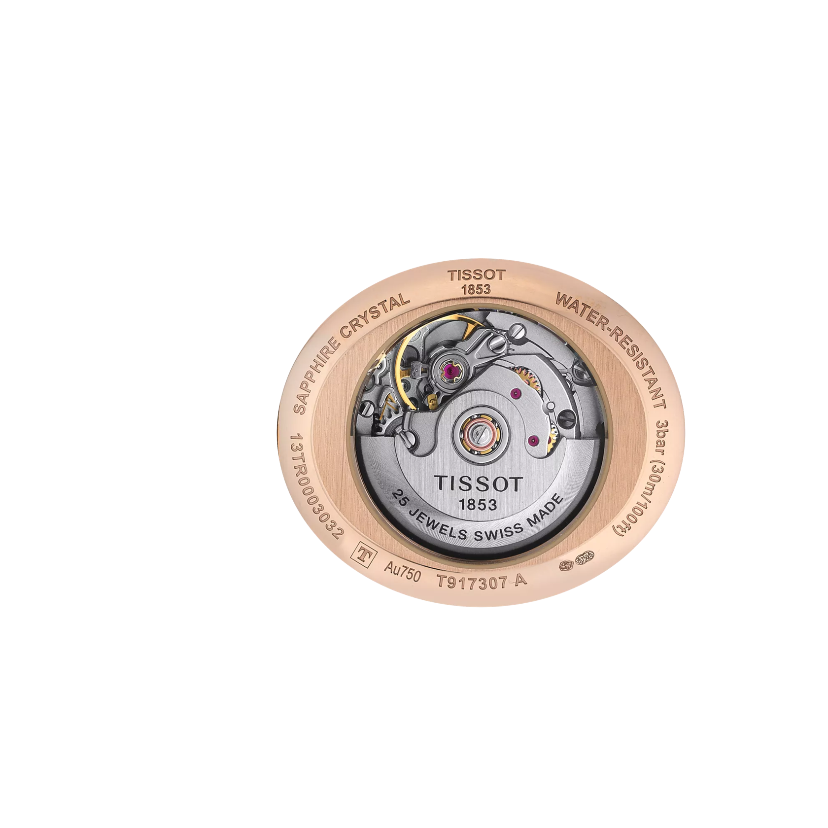 Back view of the watch case Tissot Glamorous Lady Automatic 18K Gold