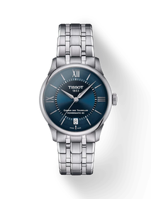 그림자가 있는 티쏘 슈망 데 뚜렐 파워매틱 80 34 mm 시계의 전면 보기