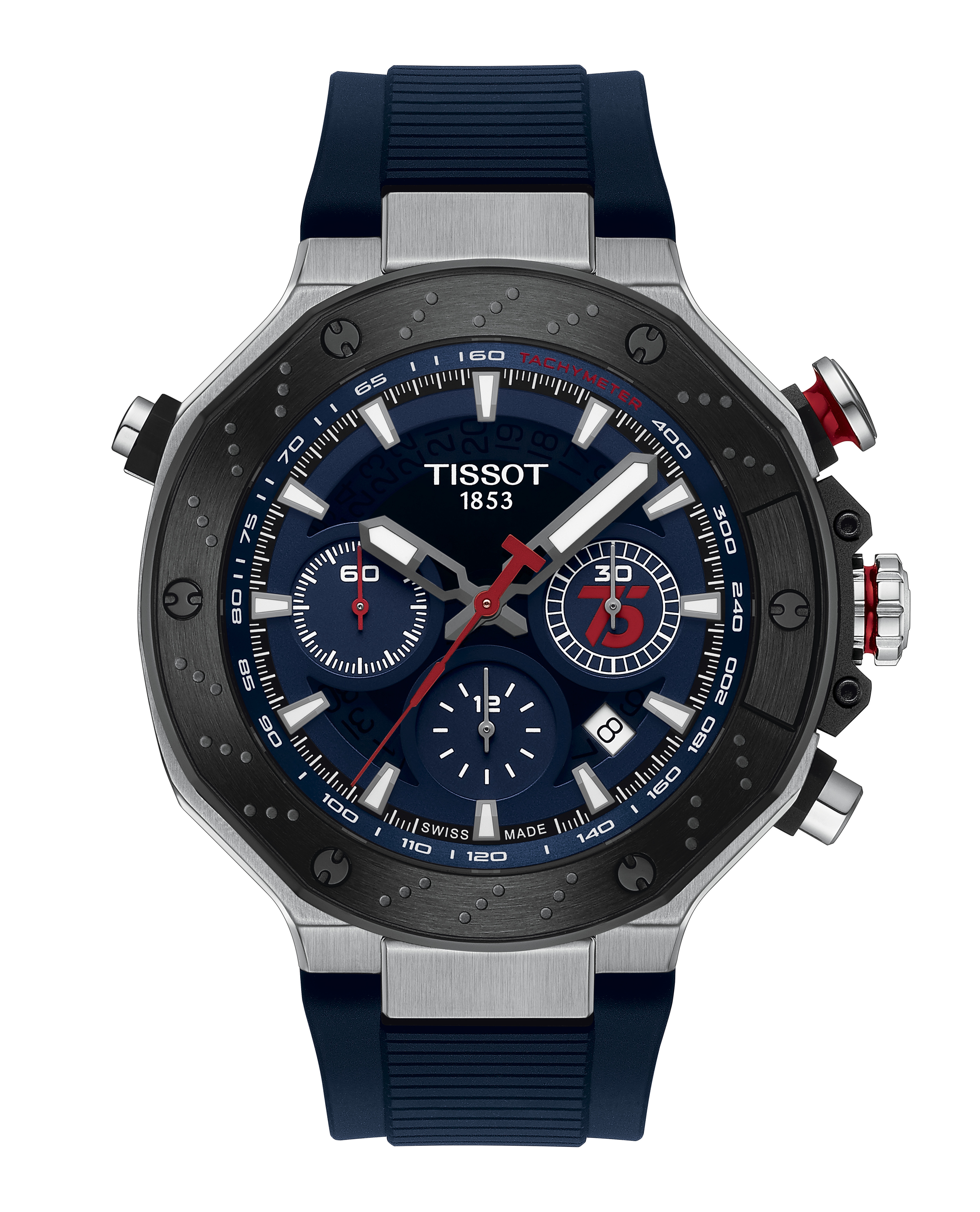 The Tissot T-Race MotoGP Chronograph Valjoux 75th Anniversary – 2024 Limited Edition on a white background