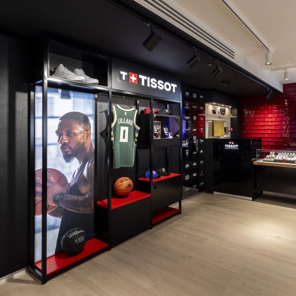 Display highlighting Tissot's sporting partnership with basketball player Damian Lillard