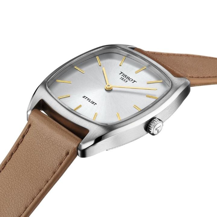 Close-up on the front-case of the new Tissot Stylist with silver-tone dial