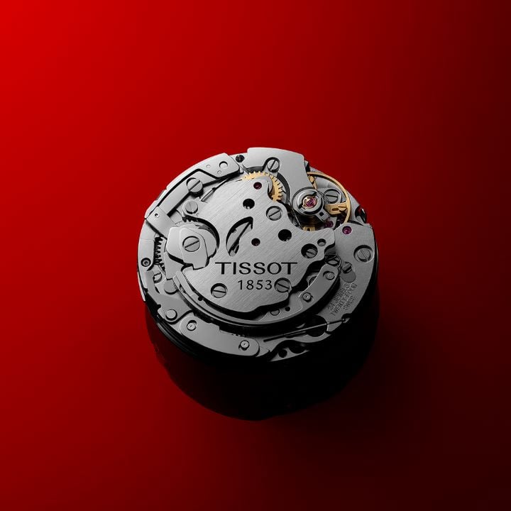 The Valjoux A05.291 movement on a Tissot red background