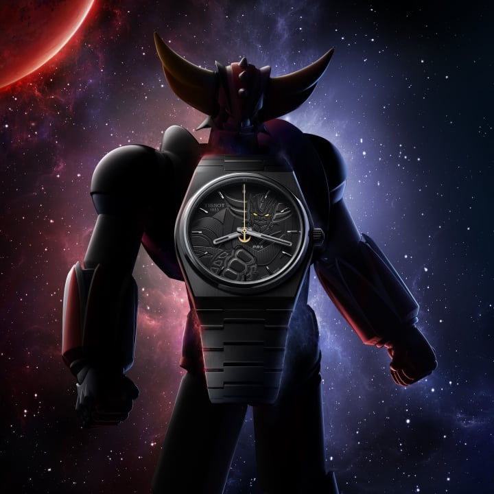The new Tissot PRX UFO Robot Grendizer 50th Anniversary 40mm with Grendizer in the background