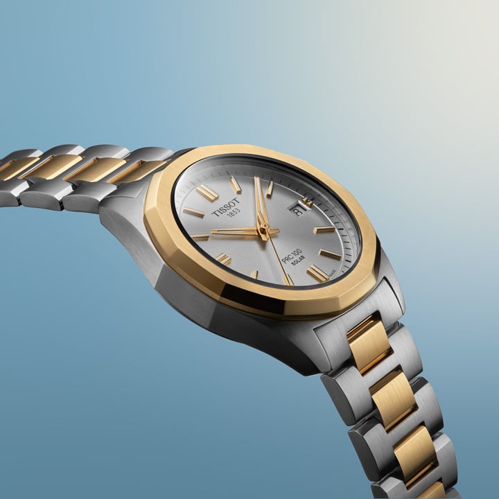 Close up of the PRC 100 Solar 34mm in stainless steel and gold PVD