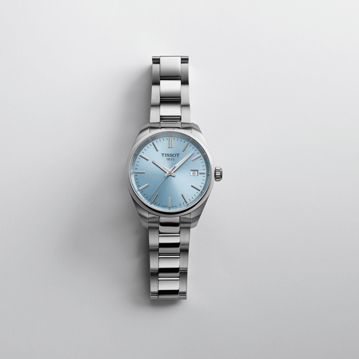 Tissot PR100 34mm with a light blue dial