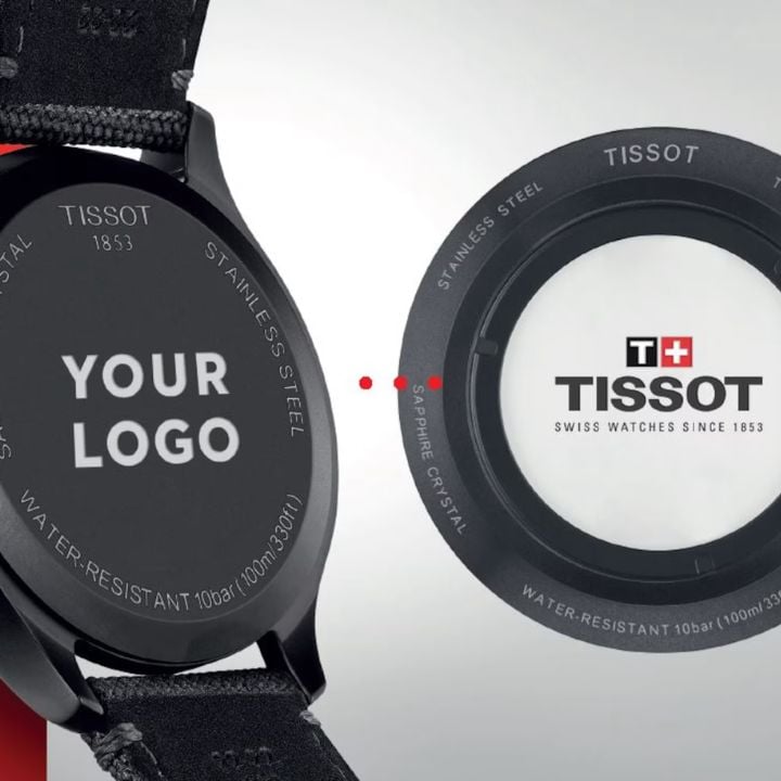 Back of a Tissot watch with a preview of an example of engraving