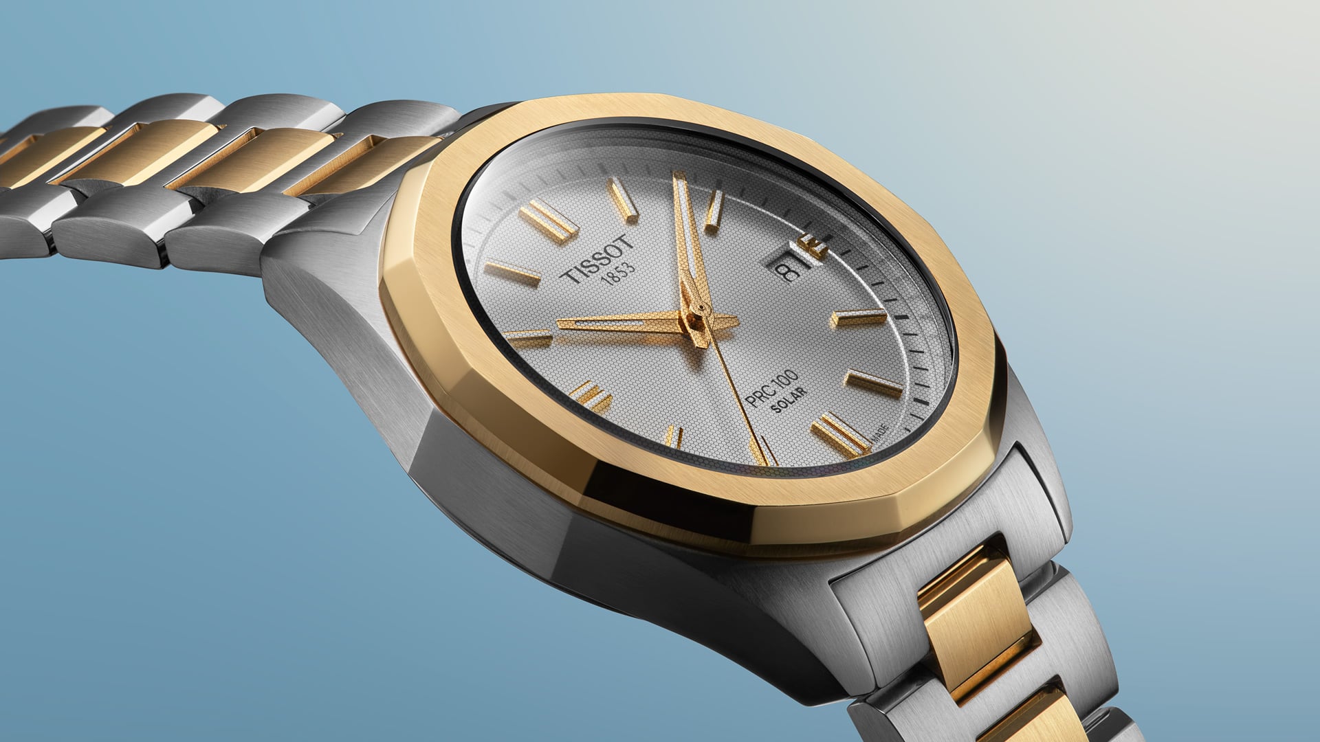 Close up of the PRC 100 Solar 34mm in stainless steel and gold PVD