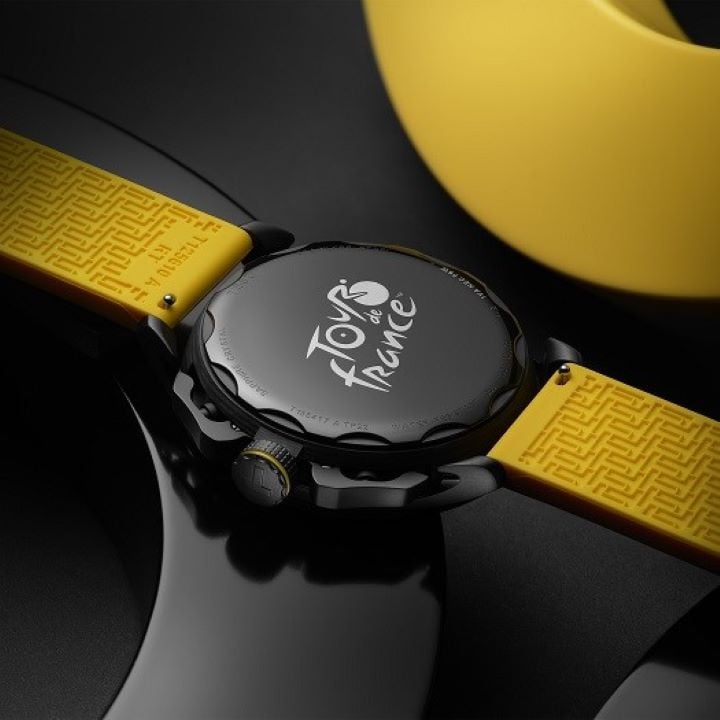 Close-up of the back of the limited edition Tissot Tour de France watch, featuring the engraved Tour de France logo. 