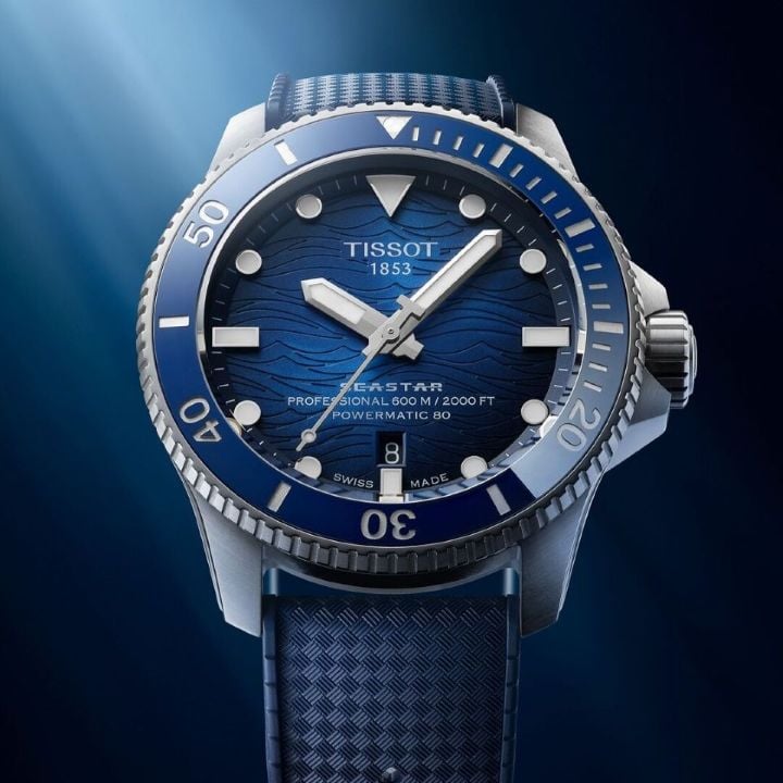 A detailed close-up of the case of the Tissot Seastar 2000 Professional