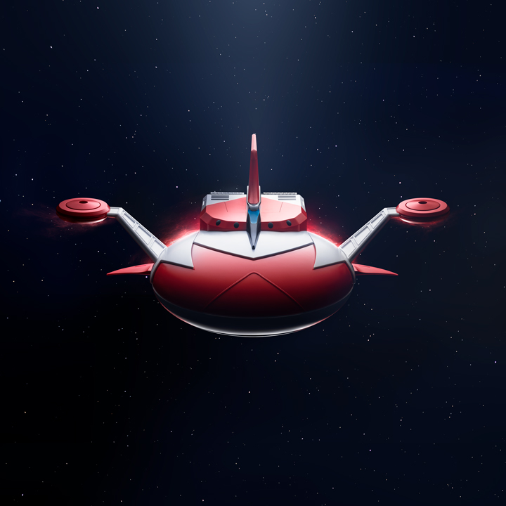 Die exklusive Uhrenbox der Tissot UFO Robot Grendizer 50th Anniversary Uhr in Form des rot-wei&szlig;en Grendizer-Raumschiffs.