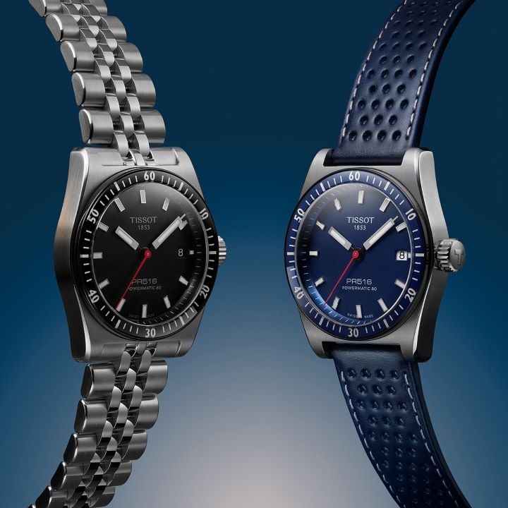 Two variations of the Tissot PR516 &ndash; one with a black dial and steel strap, the other with a blue dial and strap.