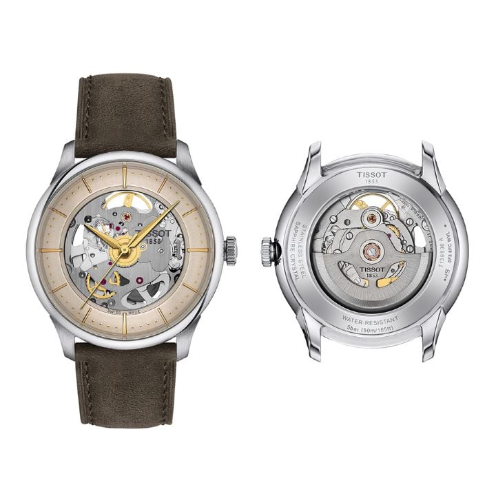 Soldier images of the back and front cases of the ivory variant of the new Tissot Chemin des Tourelles watch and its skeleton movement