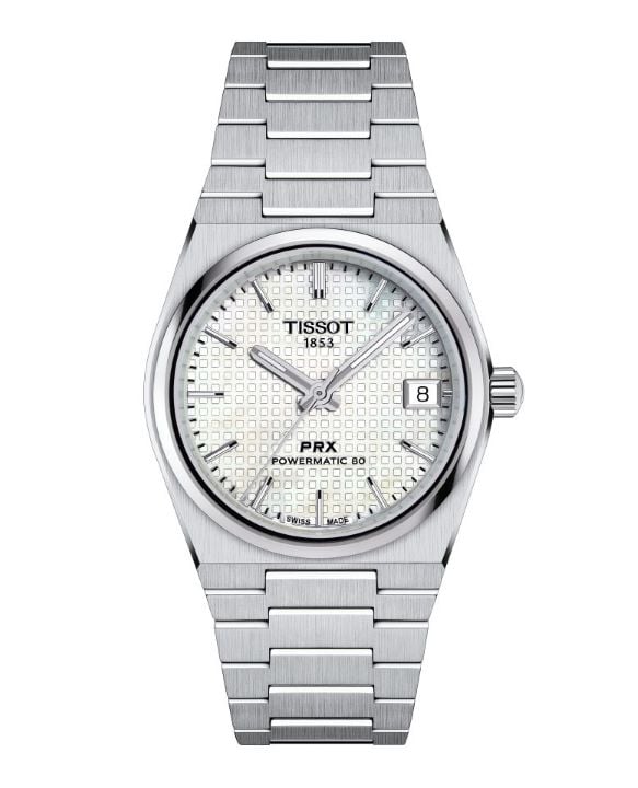 Tissot PRX 35mm Powermatic 80 met witte parelmoeren wijzerplaat