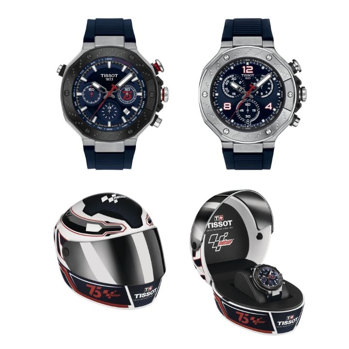 Obrazy dw&oacute;ch modeli Tissot T-Race MotoGP 75th Anniversary Special Edition i pasujących futerał&oacute;w w kształcie kasku.
