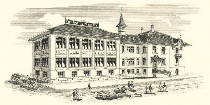 Illustration de l&rsquo;usine de montres Tissot &agrave; Le Locle, Suisse, avec &laquo; Chs. Emile Tissot &raquo; sur le panneau du toit.