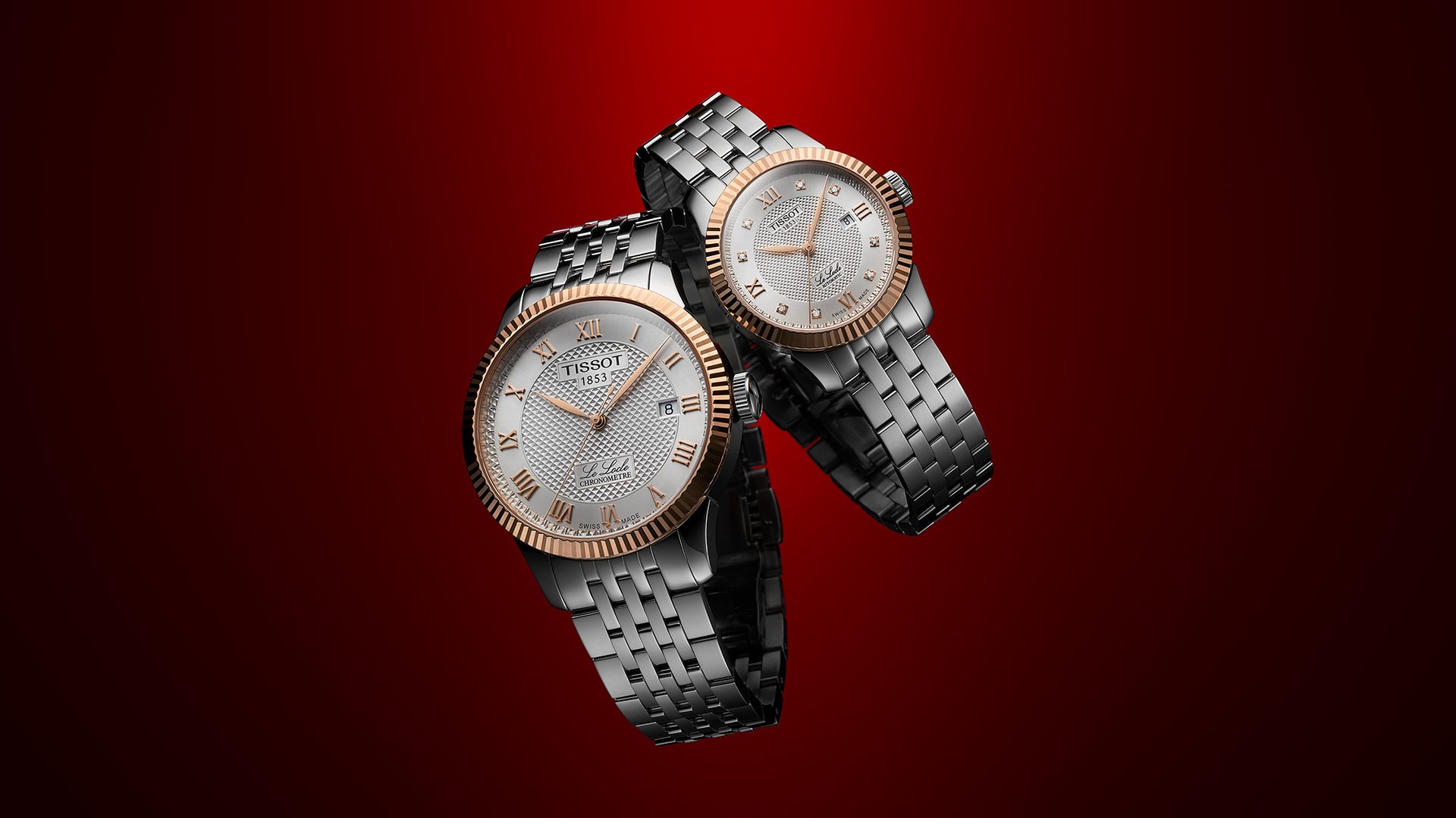 Tissot Le Locle with gold bezels, floating over a dark red background