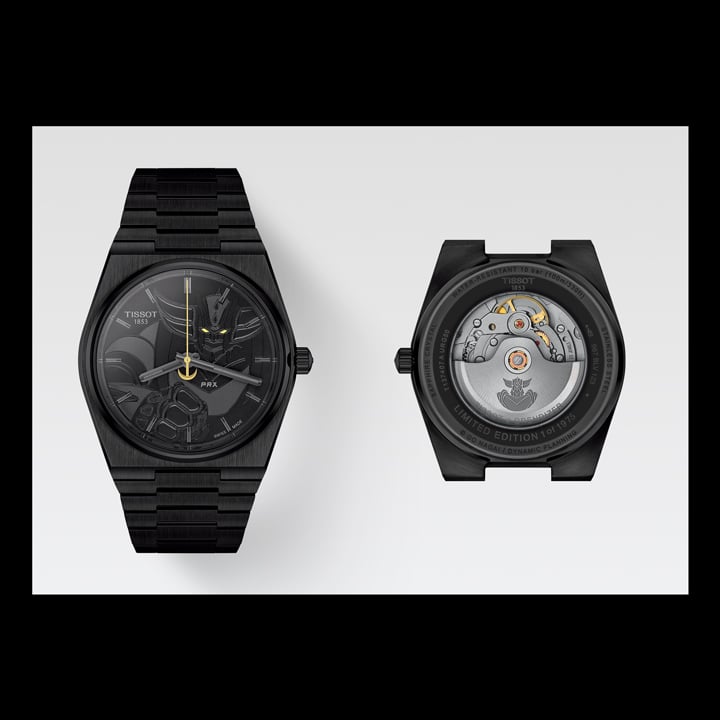 Vorder- und R&uuml;ckansicht der schwarzen Tissot UFO Robot Grendizer 50th Anniversary Uhr.