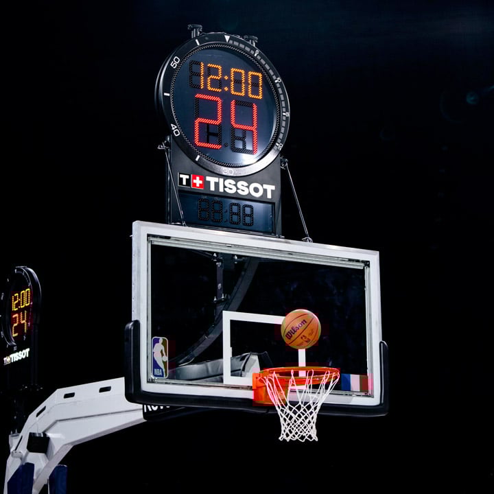 Basketball hoop in Tissot colors at a NBA game