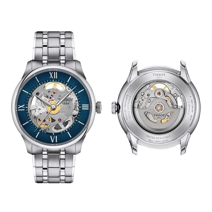 Soldier images of the back and front cases of the blue variant of the new Tissot Chemin des Tourelles watch and its skeleton movement